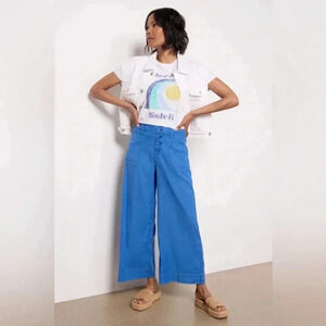 Evereve Blue Linen Blend Wide Leg Cropped High Rise Pant Size 27